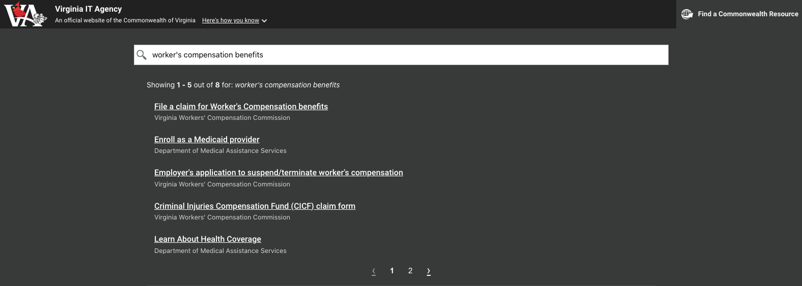 Screenshot of Commonwealth Branding Bar Search Menu